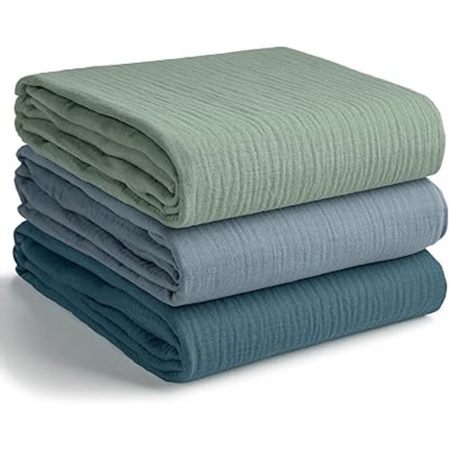 Comfy Cubs Muslin Swaddle Blankets Pack of 3, 42 x 42 Inch Soft 100% Cotton Baby Blanket Set, Large Wraps for Newborns - Self-Soothing Swaddles for Newborns - Neptune, Pacific Blue, Fern