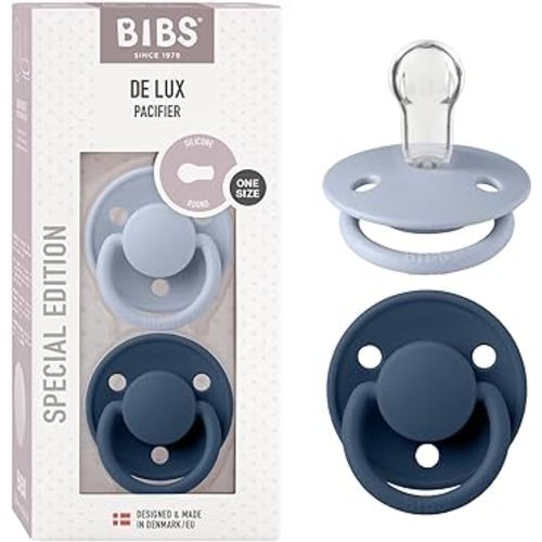 BIBS Pacifiers OneSize | 2-Pack Soothers | BPA-Free Symmetrical Nipple | Made in Denmark | Dusty Blue/Steel Blue De Lux Pacifier