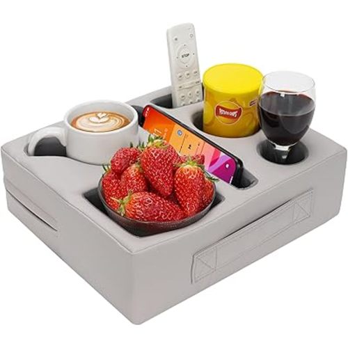 G GOOD GAIN Couch Cup Holder Pillow-Sofa Cup Holder Cozy Buddy | Bed Drink Caddy Holds Tablet, Remote, Snacks | Waterproof Anti-Spill Sofa Beverage Tray for Car, Beach, Picnic, Boat, RV(Light PUGrey)