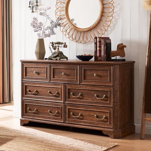T4TREAM Farmhouse 7 Drawers Dresser for Bedroom, 54" Wide Wood Rustic Chest of Drawers with Natural Texture, Vintage Design, Storage Dressers Organizer for Bedroom, Living Room, Reclaimed Barnwood