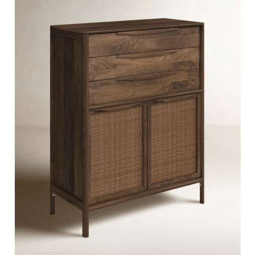 Rhian Coastal Beach Woven Cane Mango Wood 3 Drawer Tall Chest Dresser - Brown
