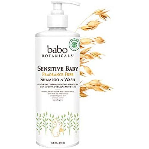 Babo Botanicals Sensitive Baby Fragrance-Free 2-in-1 Shampoo & Wash - with Natural Oat Protein, Shea & Cocoa Butter - EWG Verified & Hypoallergenic - 16 fl. oz.