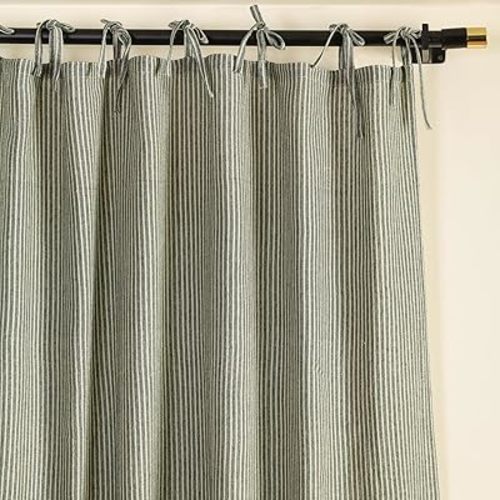 THE ART BOX Gauze Striped Curtains, Boho Linen Gauze Tie Top Hanging Curtains 2 Panel Set, Light Filtering Door Window for Bedroom/Living Room Home Décor Green on White (L63”xW42” Each Panel)