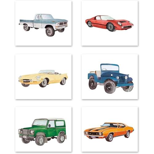 XUOIAYNB Watercolor Classic Car Art Prints- Retro Racecar Off-Road Vehicle Canvas Wall Art (8"x10"x6pcs, Unframed)- Vintage Car Artworkt for Boys Bedroom Playroom Decor