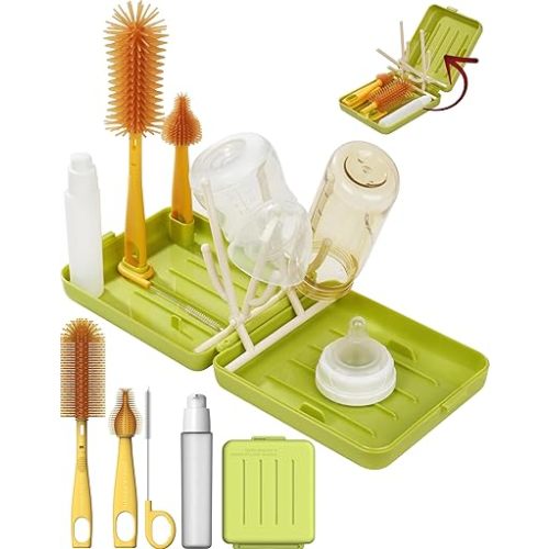 Travel Bottle Cleaner kit, 6in1 Baby Toddler Travel Essential Silicone Bottle Brush Set, Baby Bottle Soap Dispense, Drying Rack, Nipple, Straw Breast Pump Cleaning, Storage Case, Gift for Moms (Green)