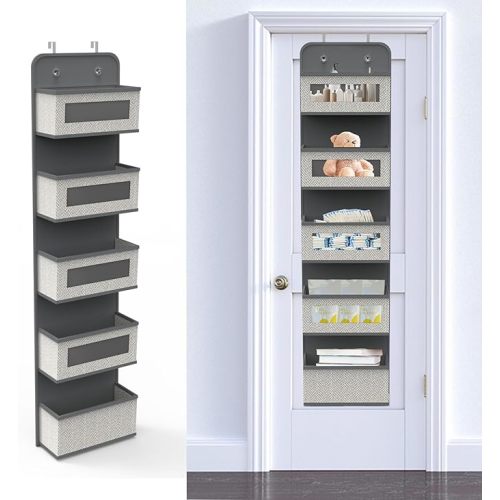 Over The Door Hanging Organizer with 5 Big Pockets, Wall Mount Fabric Back of Door Storage Organizer with Clear Window & Metal Hooks for Pantry Closet Diaper Dorm Nursery Bedroom