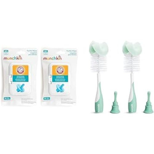 Munchkin® Arm & Hammer Pacifier Wipes - Safely Cleans Baby and Toddler Essentials, 2 Pack, 72 Wipes & Sponge™ Bottle Brush, 2 Pack, Green