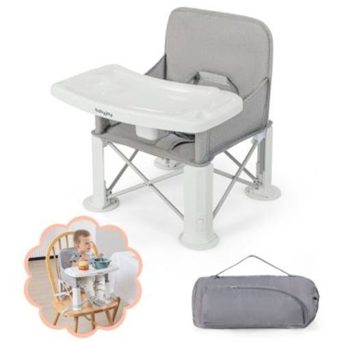 Safstar Baby Travel Booster Seat, Portable Folding Toddler Floor Dining Chair with Removable Swivel Double Tray, 3-Point Safety Belt, Carry Bag, Gray