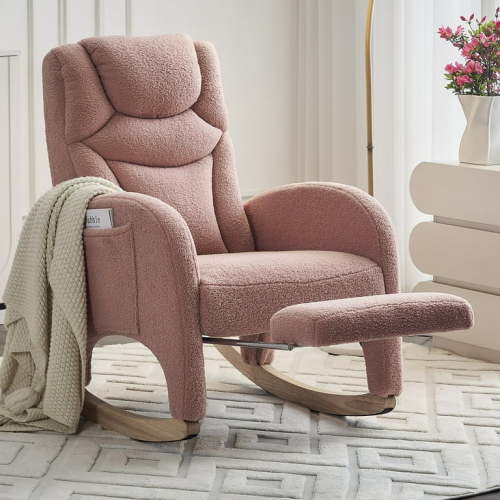 Nursery Rocking Chair with Two Side Pockets & Adjustable Footrest, Teddy Fabric Rocker with High Backrest, Modern Rocking Accent Chair for Living Room, Bedroom, Pink