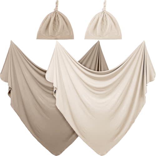 JaGely 2 Pack Baby Newborn Swaddle Blanket and Hat Set 47" x 47" Large Stretchy Receiving Blankets Set for Newborn Baby(Apricot, Khaki)