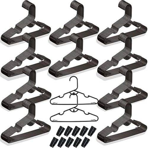 100 Packs Baby Hangers for Closet Plastic Baby Clothes Hangers with Clips for Nursery Kids Hangers for Closet Organizer, Stack-able Hangers for Newborn, Infant, Toddler, Children, Space-Saving, Black