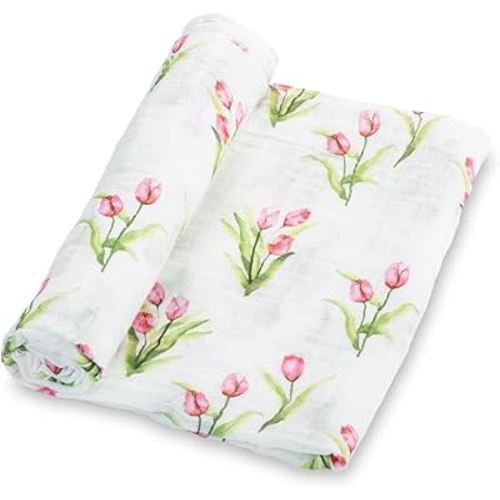 Swaddle Blanket | 100% Muslin Cotton | Newborn and Baby Nursery Essentials for Girls, Registry | Tulip Flower Print