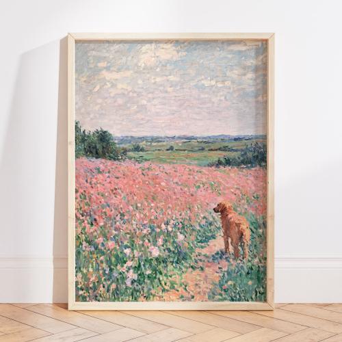 Monet Pastel Wildflower Oil Painting Print, Floral Landscape Wall Art, Golden Retriever Art