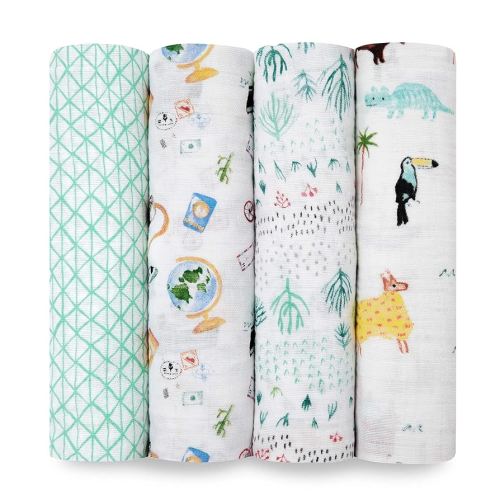 aden + anais Boutique Muslin Swaddle Blanket for Baby Girls and Boys, Newborn Receiving Blanket for Swaddling, 100% Muslin Cotton Swaddle Wrap,Around The World