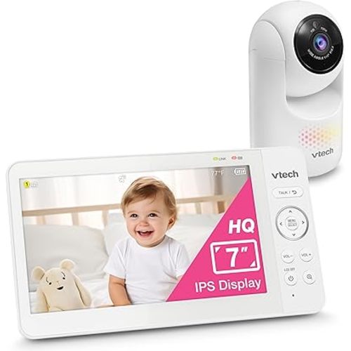 VTech Upgraded Baby Monitor Advanced HQ Max, 7" Screen, Pan Tilt Zoom Video Baby Monitor with Camera and Audio, IPS Screen, Touch Control Multi-Color Night Light, 2-Way Talk, Lullabies, No WiFi