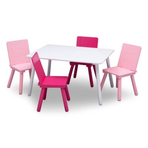 Delta Children Kids Chair Set and Table (4 Chairs Included), White/Pink