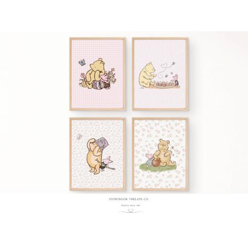 Vintage Winnie the Pooh Nursery Wall Art Set of 4 Classic Pooh Prints with Floral, Gingham & Striped Backgrounds Cottagecore Baby Digital