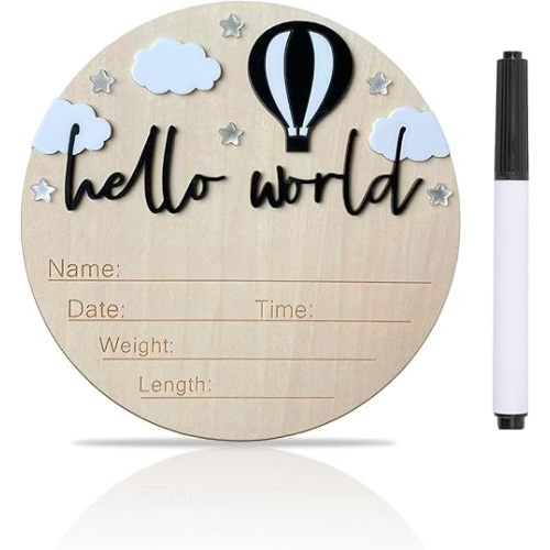 Baby Announcement Sign, 5.9 Inch Wooden Hello World Newborn Signs, Birth Announcement Sign and Pen, Hot Air Balloon and White Cloud Decoration, Welcome Newborn Arrival to World (Black)