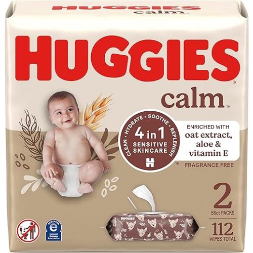 Huggies Calm Baby Diaper Wipes, Unscented, Hypoallergenic, 2 Push Button Packs (112 Wipes Total)