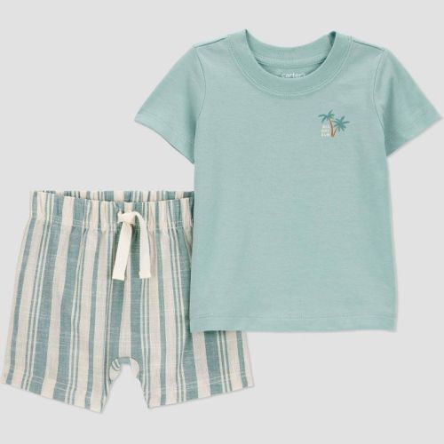 Carter's Just One You® Baby Boys' Striped Surfs Up Top & Bottom Set - Green 18M: Cotton Jersey, Elastic Waistband, Machine Washable