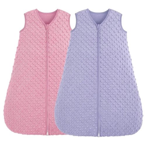 Fleece Baby Sleep Sack 0-6 Months, 1.5 TOG Cotton Baby Wearable Blanket With Soft Plush Dots, 2 Pack Newborn and Infant Warm Sleeping Sack with 2-Way Zipper Pink&Purple