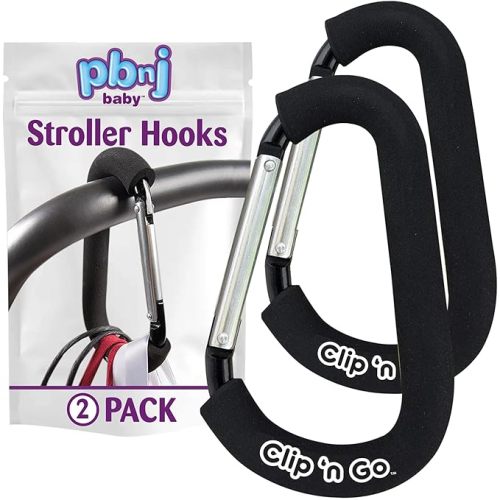 Stroller Hooks for Hanging Diaper Bags - Mommy Stroller Clip and Stroller Accessories Organizer Hook - Large Carabiner Clips for Mom Purse Shopping Grocery Bag and Accessory - (2 Pack)