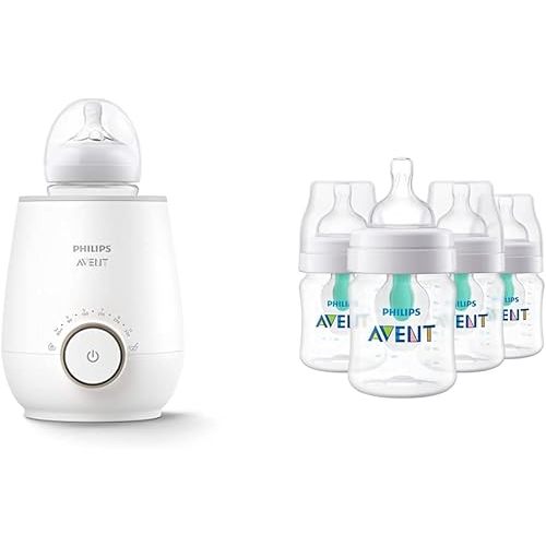 Philips Avent Baby Bottle Warming Bundle with Anti-Colic Baby Bottle with AirFree Vent, 4 Ounce, 4 Pack + Fast Baby Bottle Warmer
