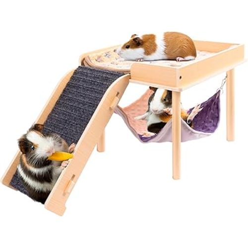 Enlarged Guinea Pig Hammock with Platform and Stairs,Wooden Small Animal Hideout for Guinea Pigs Bunny Ferret Hamster Hiding Sleeping Activities(Single)