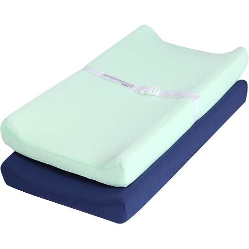 TILLYOU Changing Pad Cover Set in Soft Jersey Material - Fits 32"/34''x16 Contoured Pad for Babies, Navy Blue & Lt Green