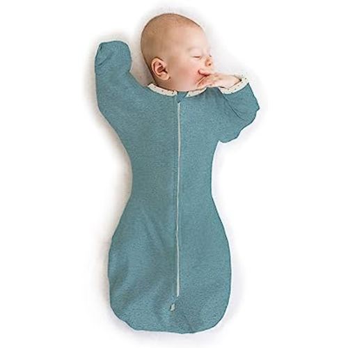 SwaddleDesigns Transitional Swaddle Sack with Arms Up Half-Length Sleeves and Mitten Cuffs, Small, 0-3 Months, 6-14 lbs, Heathered Teal (Arms Up Swaddle, Transition Swaddle Sleep Sack)