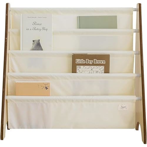 3 Sprouts Recycled Fabric Kids Bookshelf – 4-Tier Sling Book Rack Storage - Kids Room Book Shelves, Nursery, Playroom, Classroom - Bookcase Display Shelf for Toddler, Children Age 3+ - Solid Cream