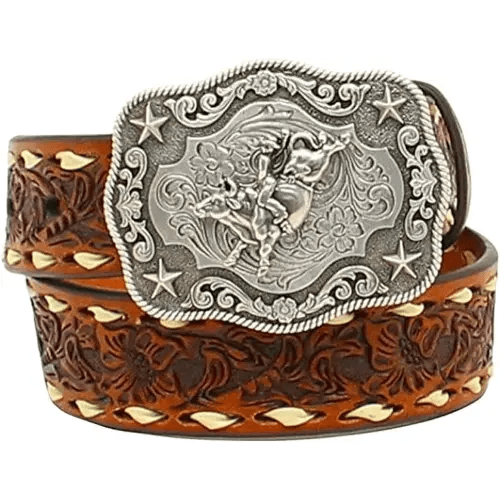Nocona Boots Boys' 1-1/4" Bull Rider Floral Embossed Leather Western Belt Buckle, Tan, 18