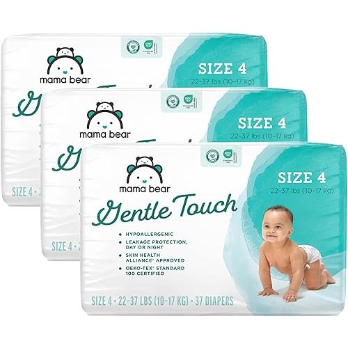 Amazon Brand - Mama Bear Gentle Touch Diapers, Hypoallergenic, Size 4, White, 37 Count (Pack of 3)
