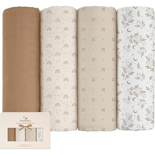 Yoofoss Muslin Swaddle Blankets, 4 Pack Receiving Blankets for Boys and Girls, 47 x 47 Inches Muslin Baby Blankets Soft Breathable - Brown