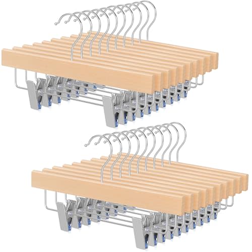 TOPIA HANGER 11.8 Inch Unfinished/Natural Wooden Pants Skirt Hangers for Kids Baby Toddler Children, Extra Thick Chrome Hooks & Anti-Wrinkle Premium Flat Clips 20 Pack CT09PN20