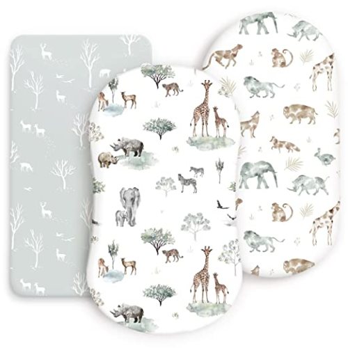 Ultra Soft Fitted Bassinet Sheets 3 Pack, Universal Fitted for.Baby Cradle Moses Basket Oval Rectangle Mattress Safe and Snug, Stylish Bassinet Mattress Sheets for Baby, Cute Animals Print - Savannah Animal