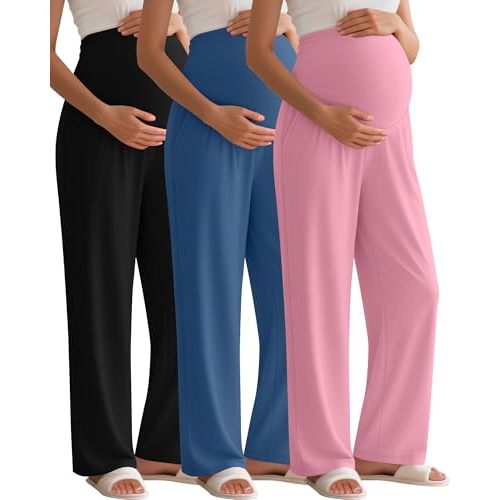 Sweetyweee 3 Pack Women's Maternity Pants Over The Belly Pregnancy Pants Stretchy Loose Wide Leg Lounge Trousers with Pockets