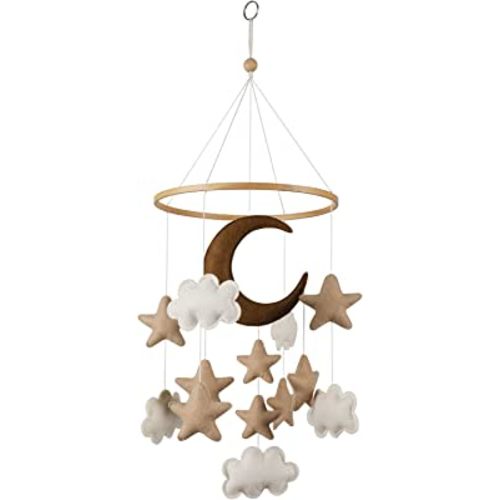 Baby Mobile for Crib - Modern Boho Baby Mobile -Felt Nursery Mobile Gender Neutral- Brown Stars, White Clouds and Moon