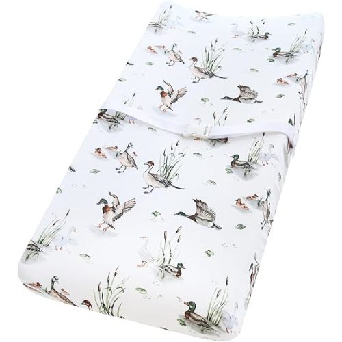 LifeTree Muslin Changing Pad Cover for Baby Girls Boys, 70% Viscose from Bamboo and 30% Cotton Natural Comfort Diaper Change Table Pad Covers, Soft Boho Changing Pad Sheets, MallardDuck, 16"x32"