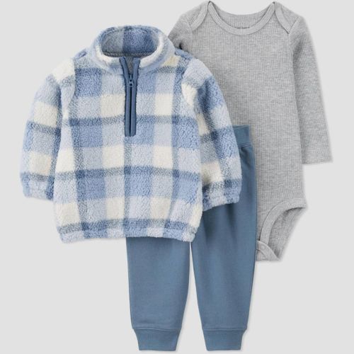 Carter's Just One You®️ Baby Boys' 3pc Plaid Quarter Zip Top & Bottom Set - Blue 18m