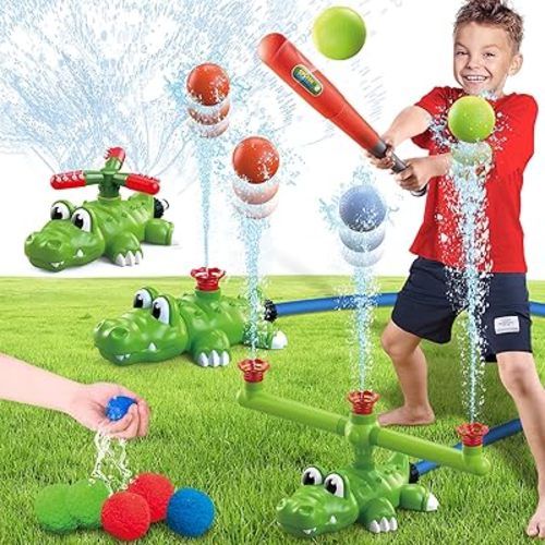 4-in-1 Kids Water Sprinklers T Ball Set & Water Ball Toy, Crocodile Baseball Sprinkler for Backyard Outdoor Summer Toys for Boys Girls Outside Yard Water Game Toys for Kids Toddlers Ages 3-8