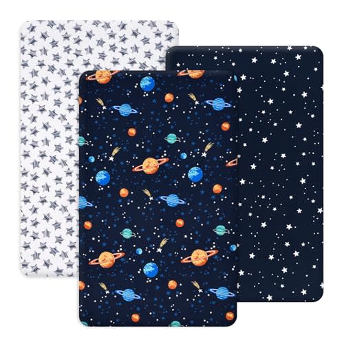PHF 3 Pack Soft Mini Crib Sheets, Space Silky Pack N Play Sheets for Baby Boys Girls Neutral, Universal Fit for Pack N Play, Playard, Portable and Mini Crib Mattresses, Space