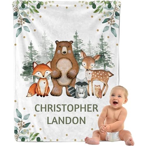 Personalized Baby Blanket with Name, Custom Woodland Baby Blankets for Boys, Customized Receiving Blankets for Boys Baby Shower Birthday, Soft Swaddle Toddler Newborn Blanket