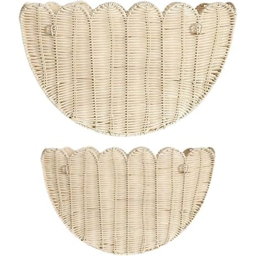 Scalloped Wall Basket,Hand Woven Hanging Wicker Wall Baskets Set, 16 x 10 x 7 & 14 x 8 x 6 Inch Scalloped Rattan Wall Basket Decor for Home,Bathroom,Living Room Organizing