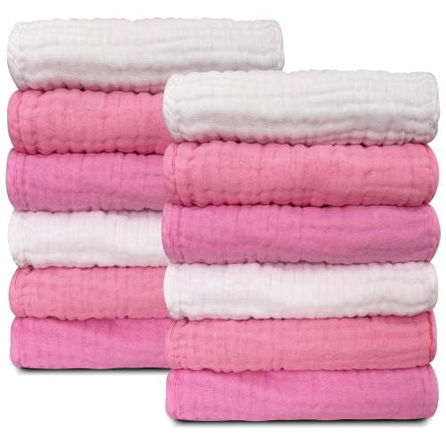 Baby Muslin Washcloths -100% Cotton Muslin Soft Baby Bath Wash Cloths and Absorbent Burp Cloths for Newborns Kids Girls and Boys -12 Pack, 12x12 Inches - White+Deep Sakura Series