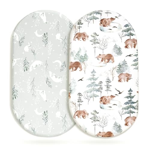 Stretchy Bassinet Mattress Sheets, Ultra Soft Bassinet Sheet 2 Pack, Universal Fitted for Oval Hourglass Rectangular Bassinet Mattress Pad Safe and Snug, Stylish Pattren of Bear and Wolf Print