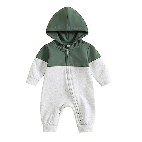 Infant Baby Boys Clothes Hooded Rompers Toddler Newborn Winter Fall Outfits Long Sleeve Zipper Sweatshirts (Green, 3-6 Months)
