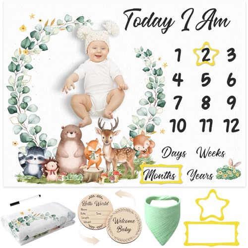 GGSTDDUP Baby Milestone Blanket for Baby Boy, Safari Animals Baby Growth Blanket Newborn Photography Background with Wooden Signs, Frames, Bandana