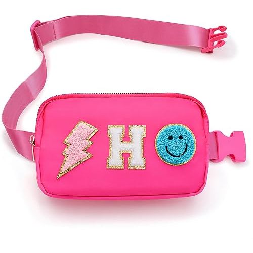 Fanny Pack for Girls Crossbody Bag, Preppy Nylon Kids Belt Bag for Birthday Christmas Graduation Personalized Gifts, Pink Chenille H Letter for Women Teen Girls Fanny Pack