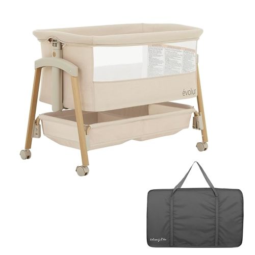 Evolur Lullaby Portable Bassinet with Wheels, Adjustable Bedside Sleeper, Breathable Mesh Sides, Large Storage Basket, Easy Fold, and Travel Bag Included, Perfect for Newborns & Infants - Biege